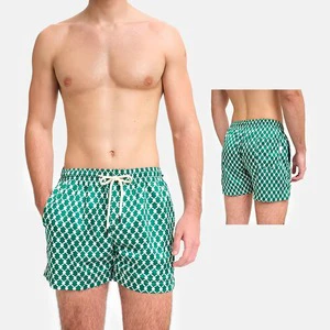 Mens Green Geometric Swim Trunks Quick Dry Beach Shorts Drawstring Summer Board Shorts OEM Wholesale Mens Printed Swim Trunks