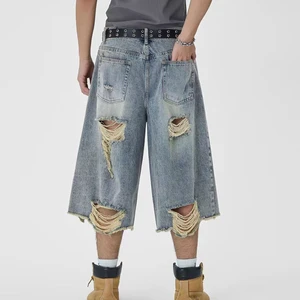 High Quality Custom Men's Distressed Denim Jorts 100% Cotton Acid Washed Breathable Woven Jorts Embroidery Distressed Shorts