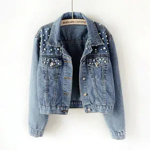 Hot Selling Women's Long Sleeve Denim Jacket Breathable Loose Crop Top with Pearl and Print Washed Fashion Jean Coat