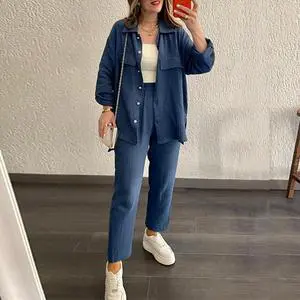 Autumn New Solid Color Simple Loose Sleeve Shirt and High Waist Pants Casual Set