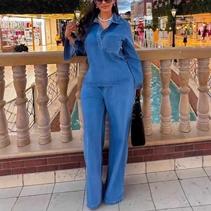 J31 Fashion Denim Suit Women Clothes 2 Piece Set Long Sleeve Lapel Pocket Top Straight Jeans Pant Two Piece Set for Women