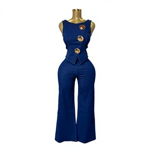 Summer Washed 2-Piece Denim Suit for Women with Metal Buckle Neck Sleeveless Vest High Waist Wide Leg Trousers