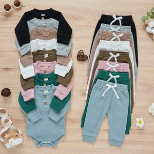 Wholesale Infant Clothing Set Unisex Waffle Knit Romper Pants Set Long Sleeve Solid Cotton Newborn Toddler Baby Clothing Sets
