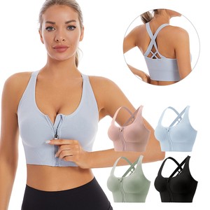 Hot Sale Women Seamless Front Zipper Sports Bra Shockproof Cross Back Breathable Yoga Gym Fitness Push-Up Vest Top For Ladies