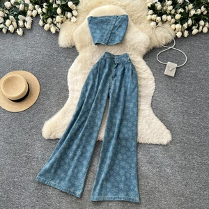 Summer Y2K 2 Piece Set for Women Tube Top And High Waist Printed Slim Denim Suit Ropa Wholesale
