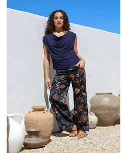 Trendy Printed Design Wide Leg Cotton Pants For Women Side Zip Closure And Pocket Soft Lightweight Comfortable Bottoms For Daily