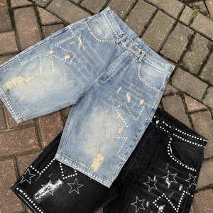 Wholesale Custom Mid Waist Denim Shorts for Men Custom Cotton Rhinestones Distressed Men's Jeans
