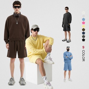 Men's Oversized Boxy Crop Long Sleeves 345gsm Cotton Gym Screen Printing Graphic Pullover Sweatshirts With Shorts Sets