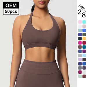 Halter Neck Ribbed Sports Bra Seamless Yoga Bra Top For Women Fitness Gym Wear Custom Logo Private Label 28 Colors OEM 50pcs