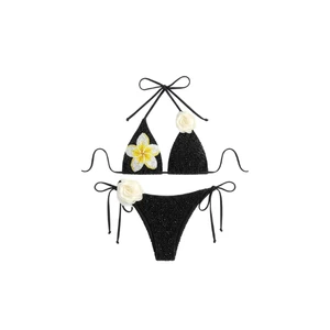 Handmade Crochet Black Two-Piece Bikini Set Florals Beading Detail with Halter & Lace-up Neckline Mini Solid Color Swimsuits Set