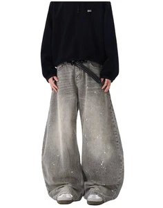2025 Autumn Grey Splashed Ink Jeans Men's Plus Size Loose Wide Leg Washed Retro American High Street Fashion Pants