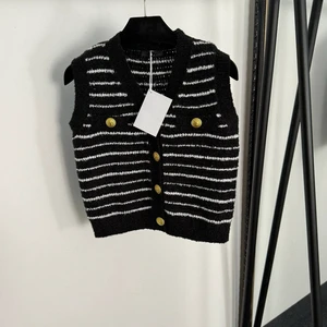Women's Striped Knitted Vest with Lion Head Pattern and Gold Button New V-Neck Waistcoat Design