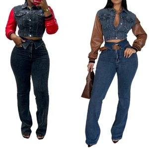 M8611-spring 2025 Womens Clothing Denim Jean Set for Women Leather Jacket and Pants 2 Piece Set Women