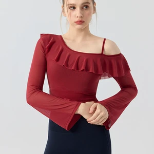 Yoga top Pilates training ruffled yoga outfit with bra pads, one-piece cup cross-shoulder sports top
