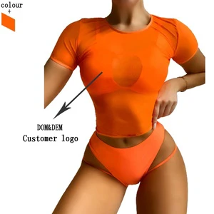 Sexy Women Mesh Swimwear Three Piece Swimsuit Bathing Suits 2021 Short Sleeve Bikini Set