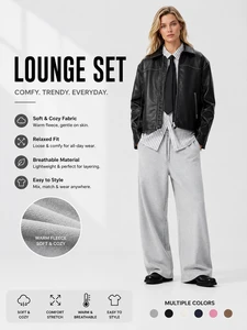 Women Solid Warm Tracksuit Lounge Set Jogging Homme Coton Drawstring Wide Leg Pants Matching Outfit Soft Cozy Breathable Daily