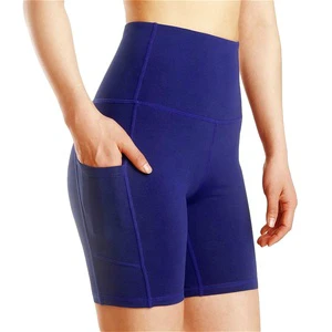 Women's Plus Size Fitted Workout Shorts Pocket V Cross Gym Biker Yoga Compression Front High Waist Solid 100% Cotton