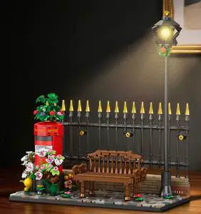 British Style Street Scene Building Bricks Set Vintage Street Lamp With Light Components Historical Architecture Collection Toy
