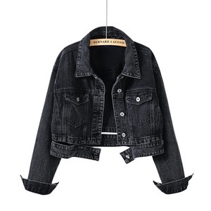 Hot Sale Custom Blue Black Frayed Detailing Cropped Hem Washed Women Denim Jean Jacket for Ladies