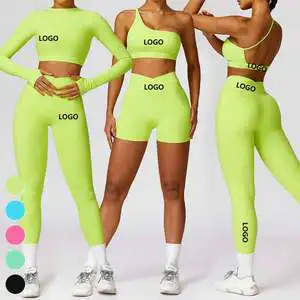 OEM New Activewear Women Gym Set One Shoulder Sports Bra Long Sleeve Cross V Belt Shorts Leggings 4pcs Yoga Sets Gym Apparel