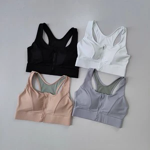 Women's Yoga Solid Zippered Sports Bra High-Shock-Resistant Firm Cups Non-adjusted Straps Fitness Bra