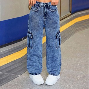 Tween Girls Mid Waist Light Blue Washed Cargo Wide Leg Denim Jeans Big Side Pockets Soft Casual Street Trousers Wholesale