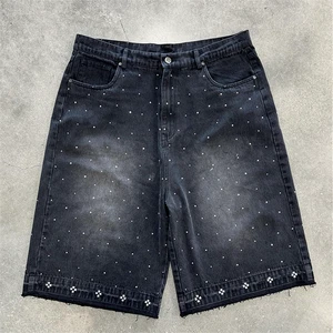 NEW Custom made Men's Denim Streetwear Crystal Regular Fit Straight Summer Casual Zippers Vintage Washed short with Rhinestone