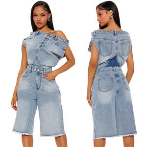 Cross Border New European and American Casual Fashion Strapless One Shoulder Slim Fit Denim Jumpsuit
