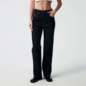 Women Dark Indigo Blue High Waisted Straight Leg Denim Jeans Loose Fit Casual Vintage Style Workwear Trousers Full Length