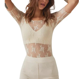 Women's Casual Summer Half Sleeve Floral Lace Mesh Top with Crew Neck Sheer Blouse Embroidered Polynesian Blouses