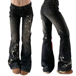 Women's Black Embroidered Flower Jeans High Quality New Arrival Y2K Streetwear Loose Fit Flared Pants Casual Denim Trousers