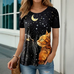 Plus Size Women's T-Shirt with 3D Black Cat Print, Short Sleeve, Weekend Fashion, Funny Round Neck, for Summer
