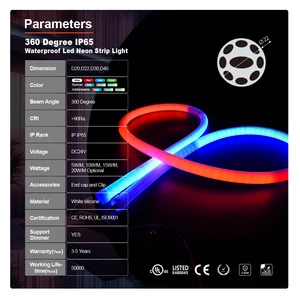 Programmable Addressable IP65 Waterproof DC5V 12V 24V 360-degree Round LED Flexible Silicone RGB Neon Light Strip