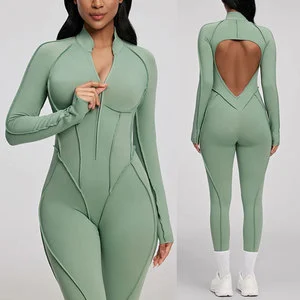 Custom Print Women's Gym Jumpsuits 3D Cut&Sewn Front Zipper Backless Stand Collar Four-way Stretchy Breathable Sports Bodysuits