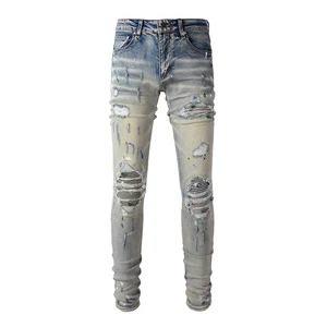 Wholesale Graffiti Men's Denim Jeans Skinny Damage Patched Slim Fit Designer Vintage Wash Blue Stretch Fashion Trousers