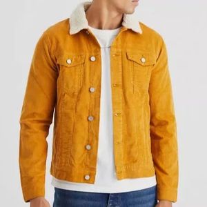 Men denim jacket with thick sherpa lining warm winter outerwear vintage streetwear ripped blue jean coat fashion casual