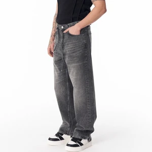 Men's Wide Leg Distressed Denim Jeans High Waist Loose Fit Casual Plus Size Cotton Pants Button Fly Solid Color Washed Style