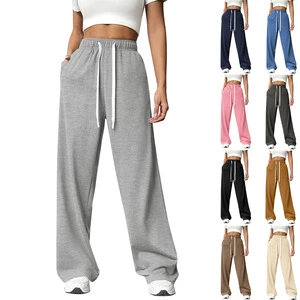 2026 Fall Winter Fashion Womens Wide Leg Loose Fit Straight Trousers Casual Lounge Athletic Bottoms Elastic Waist Pants
