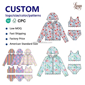 Girls Swimsuit Sets Three-Piece Hooded Cover-Up Crop Top Bikini Bottoms Scalloped Hem Sun Protection Ready Ship