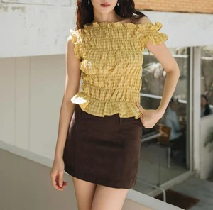 Spring and Autumn New One-line Shoulder Plaid Pleated Casual Chic Breathable Lightweight Comfortable Long-sleeved Fashion Top