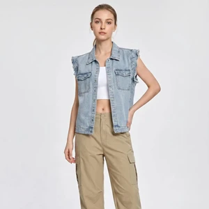 Women Light Wash Denim Vest Sleeveless Frayed Edge Button Down Waistcoat Streetwear Utility 100% Cotton Customizable