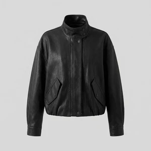 Women's Solid Oversized Stand Collar Washed PU Leather Blouson Jacket Single Breasted Closure Zipper Short Coat Spring Autumn