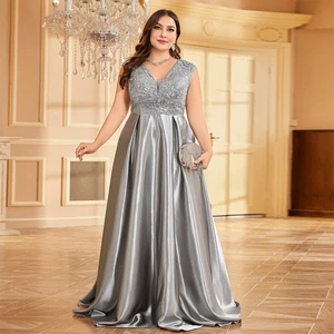 IMPEREAL Plus Code Luxury Gray Satin V-Neck Formal Evening Dresses Women Party Prom Dress Long Cocktail Gowns For Lady Elegant