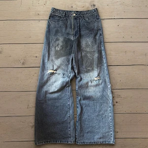 Custom Wide Leg High Waist Distressed Denim Jeans Vintage Dirty Wash Knee Rip Gothic Text Print Baggy Streetwear Pants Men