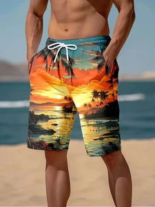 Summer Hawaiian Printed Beach Shorts Striped Palm Tree 100% Polyester Drawstring Closure Y2K Casual Men's Swim Trunks Cool