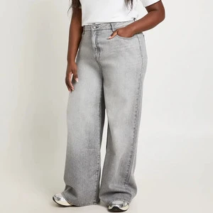 High Quality Plus Size Cotton Casual Pants Women's High Waist Stonewashed Wide Leg Jeans Loose Fit Full Length Summer Pants