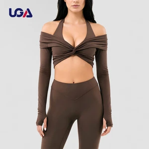 Custom Women Contrast Stitching Twist Deep V Soft Ballet Gym Workout Activewear Long Sleeve Crop Yoga Wrap Top
