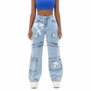 Y2K Hip Hop Streetwear Casual Summer Women's Denim Baggy Jeans High Waist Loose Cargo Pants Cross Patch Lace-up Ribbon Colored