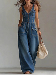 New Wholesale V-Neck Button Front Polyester Denim Jumpsuit High Waist Wide Leg Statuesque Romper Gown Women's Denim Overalls