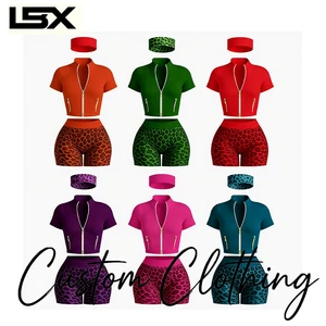 Women's Fitness Set Customized Logo Sports Jacket With Gold Zipper Shorts 3-Piece Fitness Set Women's Leopard Yoga Set